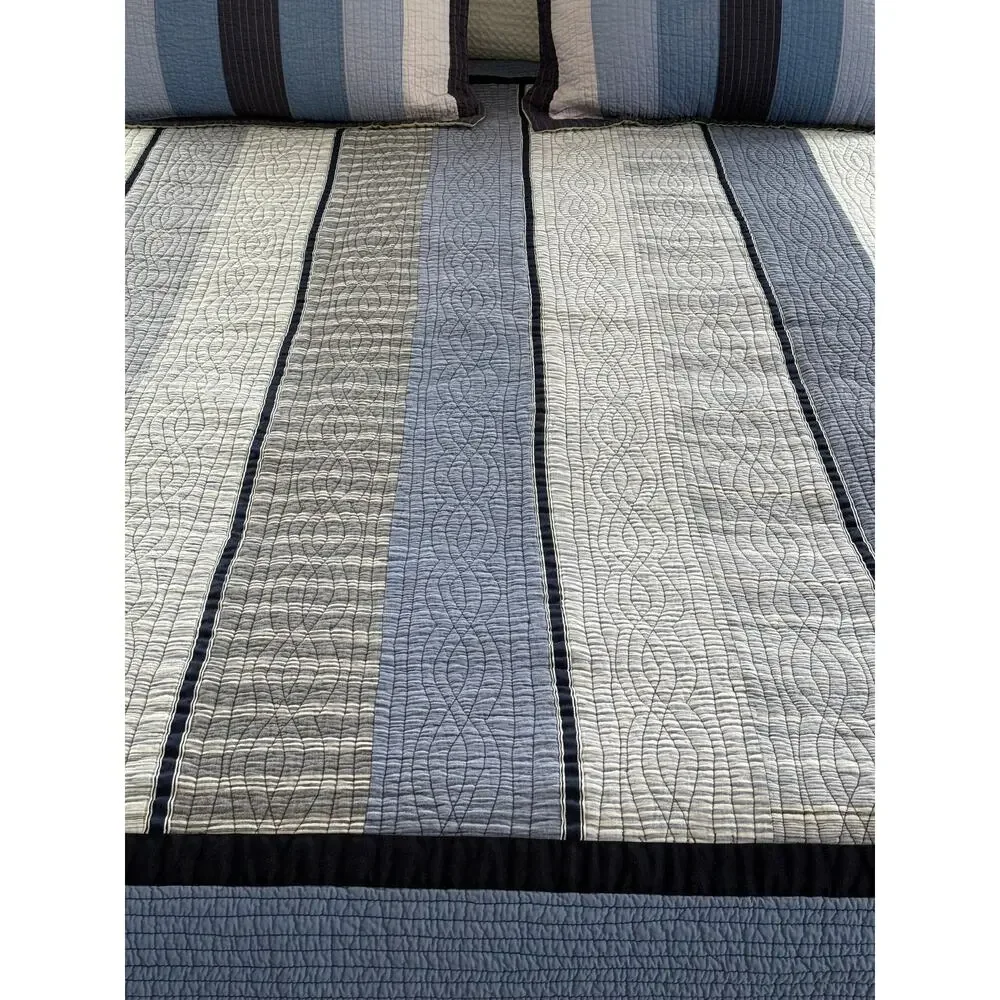Nautica Coastal Quilt Bedspread Full Queen Blue Plaid Cotton 2 Pillow Shams READ